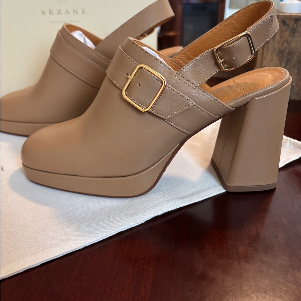 Sézane Rebecca Tan Block Heel Mules, Size 8 US/39